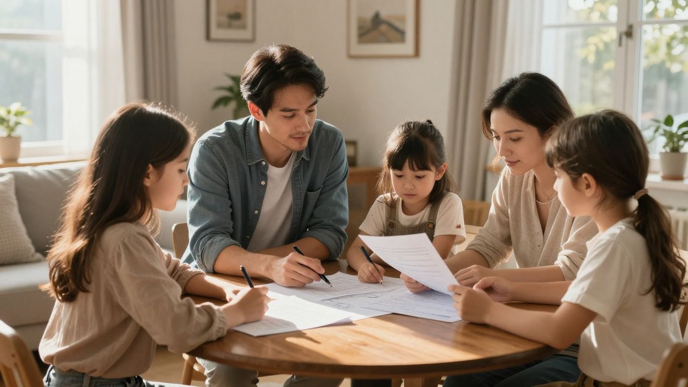 Familia planeando presupuesto seguro en casa.