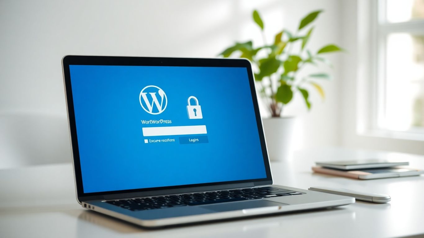 Laptop showing secure WordPress login with shield and padlock.