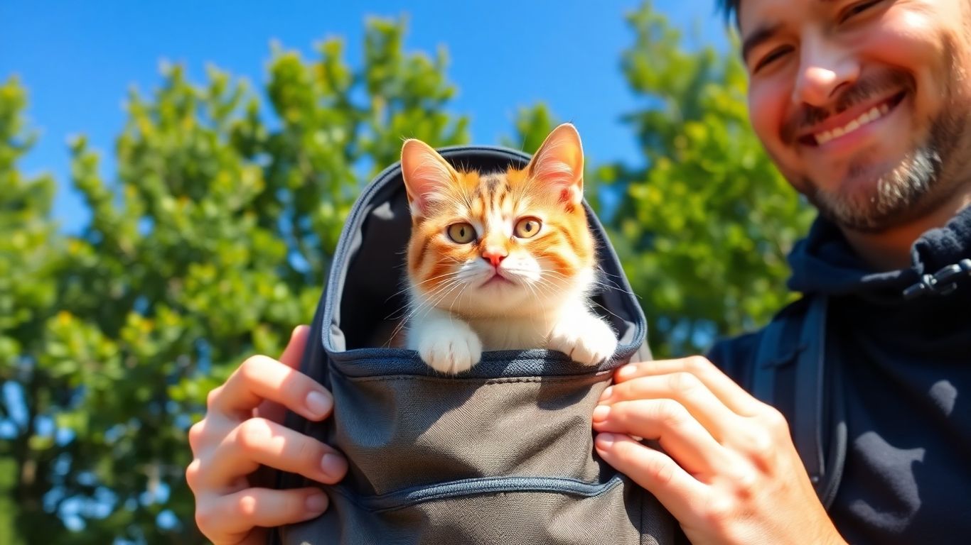 Cat in backpack on an outdoor adventure.