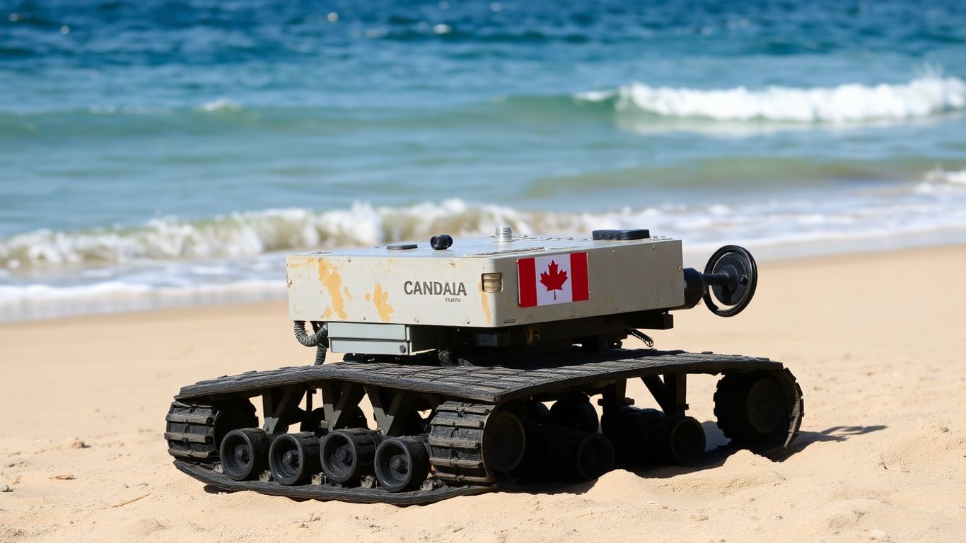 Canadian robot on a beach after ocean journey.