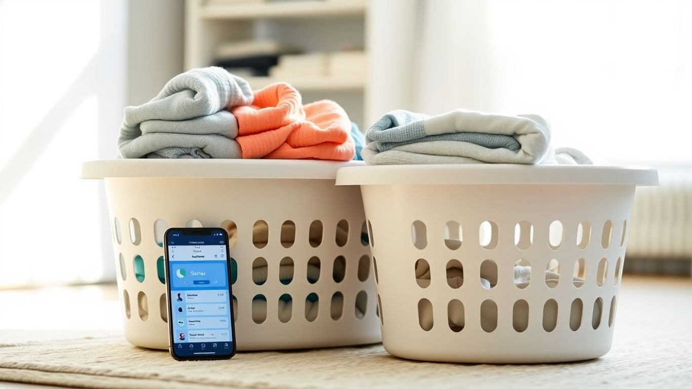 Smartphone scheduling laundry pickup next to a clean laundry basket.