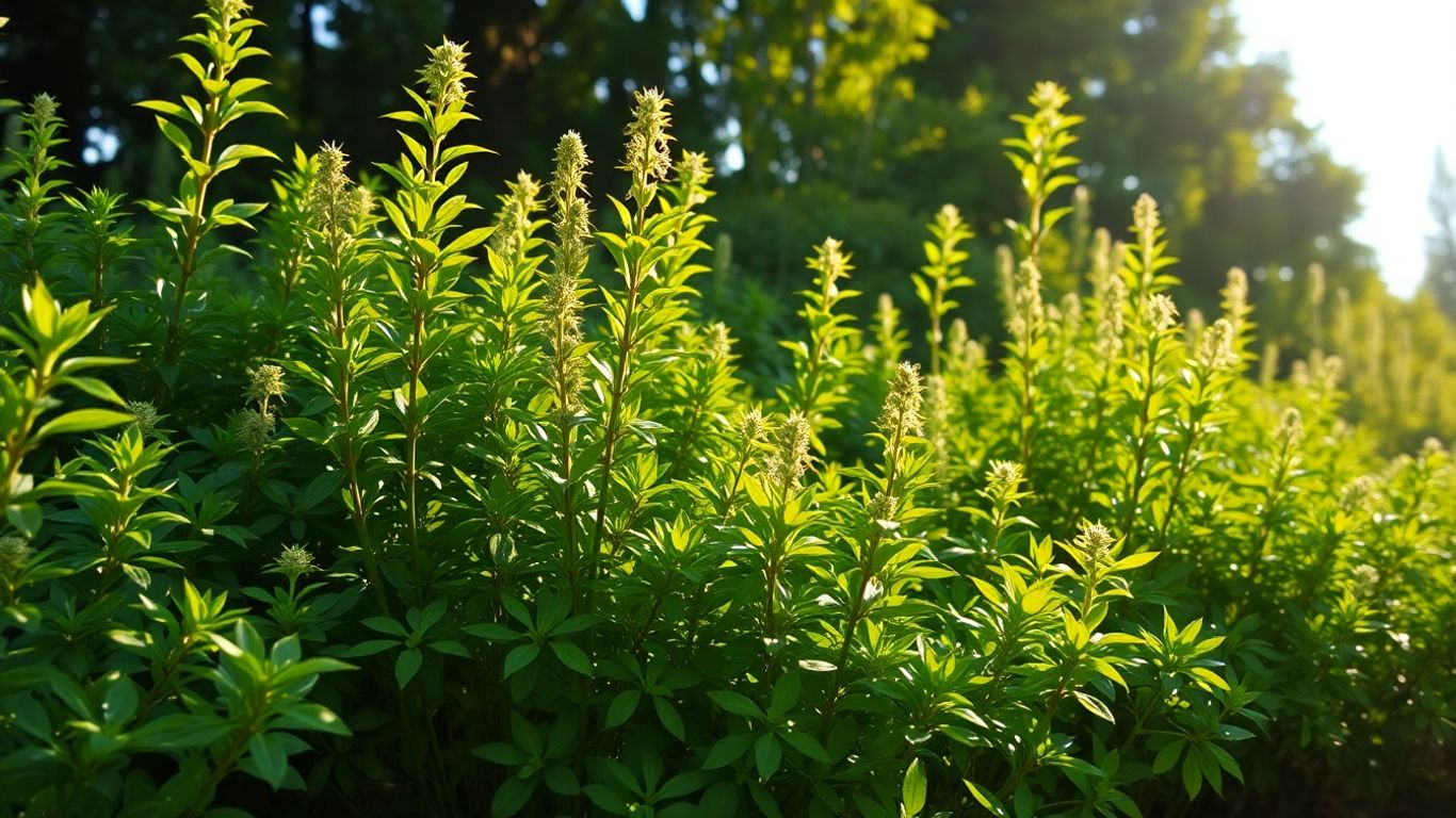 Thriving plants and trees in sunlight, symbolizing growth.