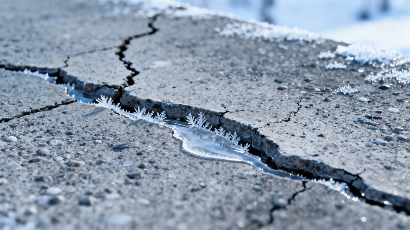 Damaged concrete with frost and ice in winter.