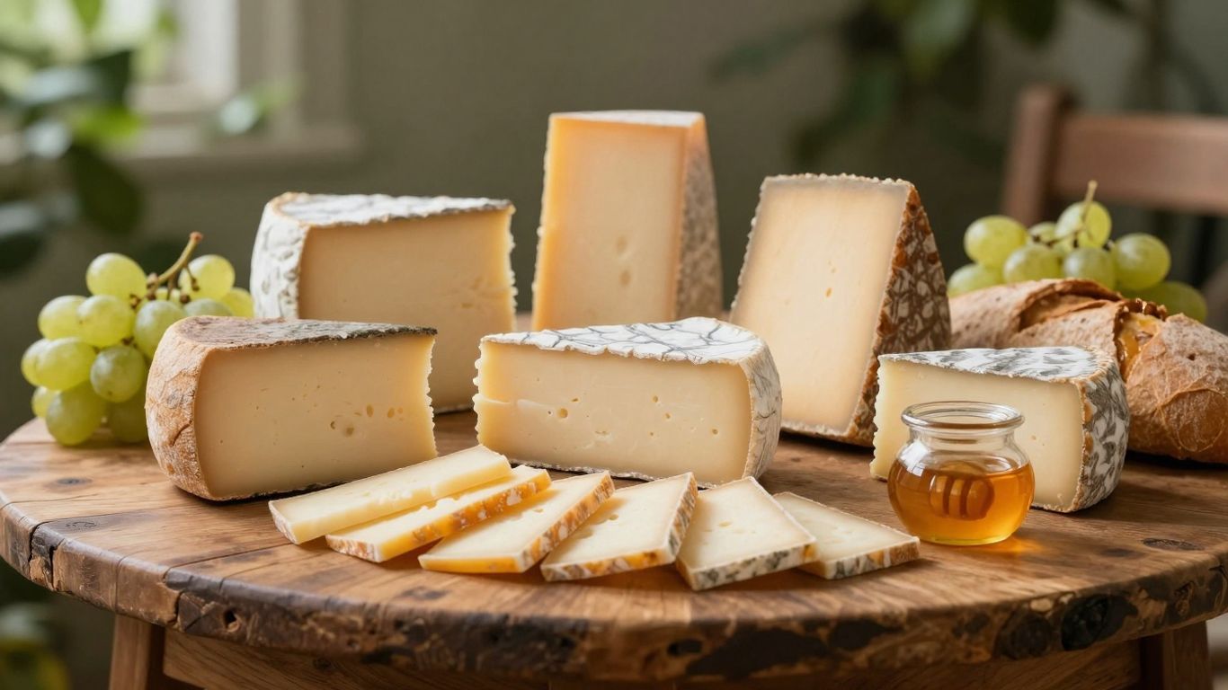 Brânzeturi tradiționale pe masă rustică cu pâine și struguri