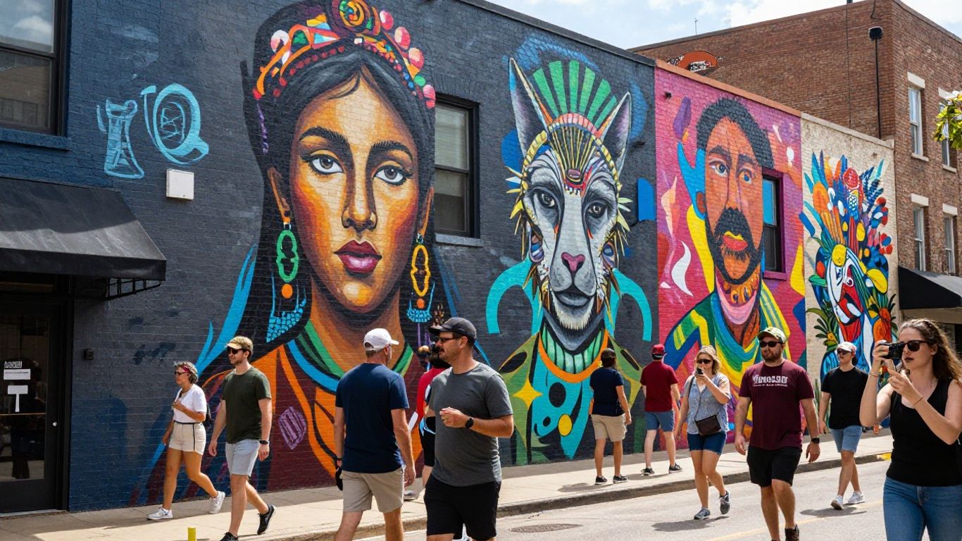 Tourists admire Austin's colorful mural-covered walls.