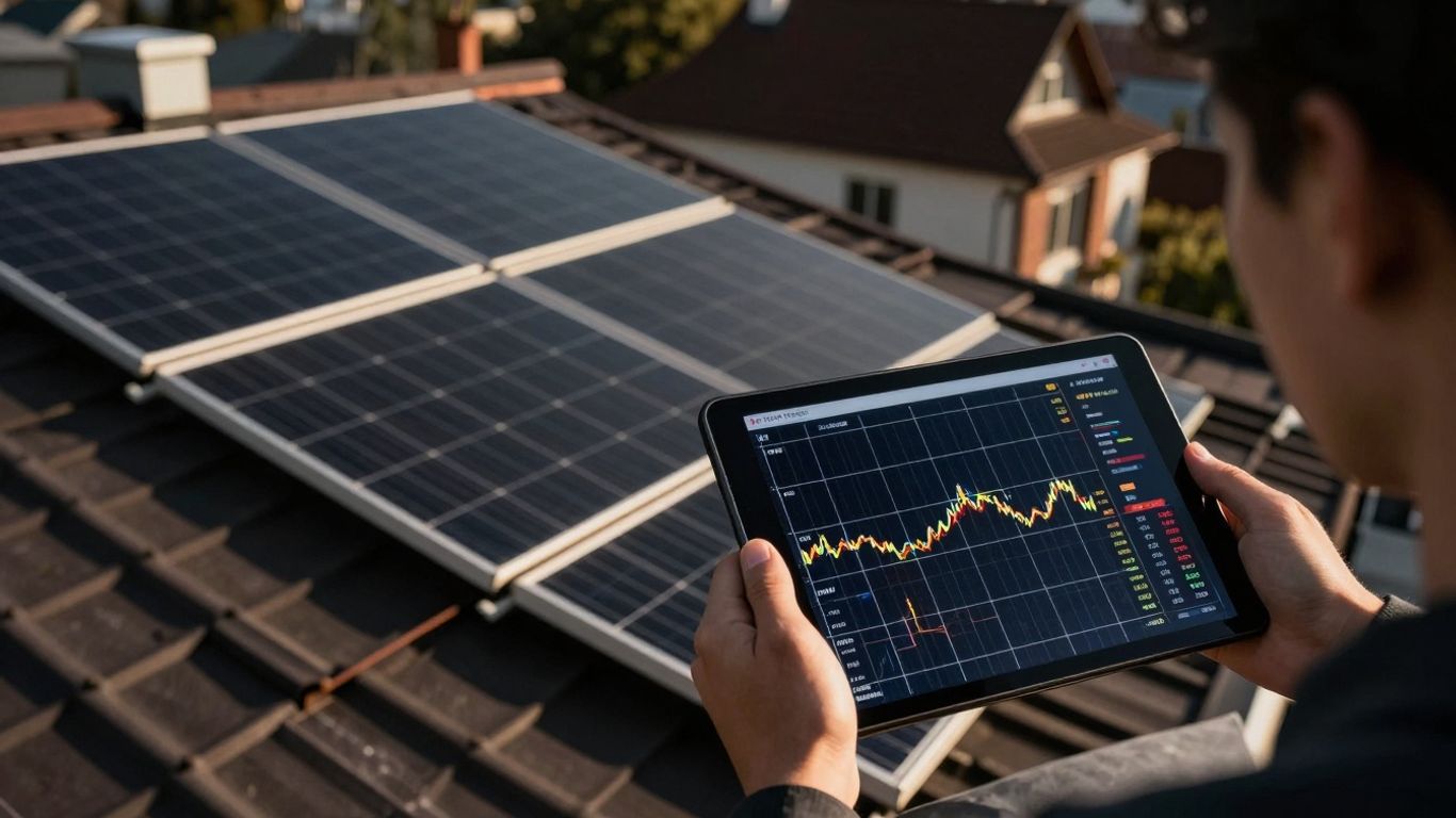 Solar Panels On A House Roof With A Person Holding A Tablet.
