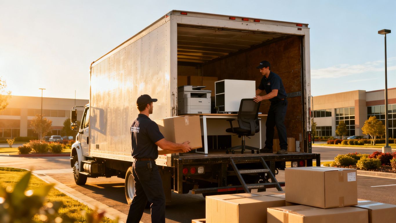 Movers loading office equipment onto a truck.