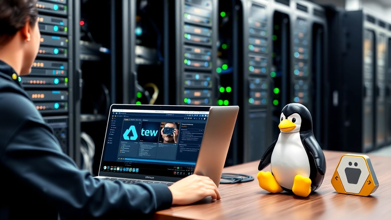 Technician migrating Linux server using VMware in data center.