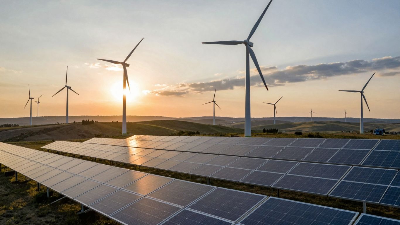 Turbine eoliene și panouri solare în peisajul românesc.