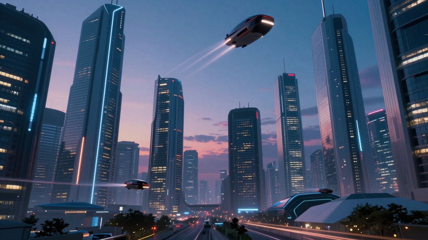 Futuristic cityscape with flying vehicles at dusk.