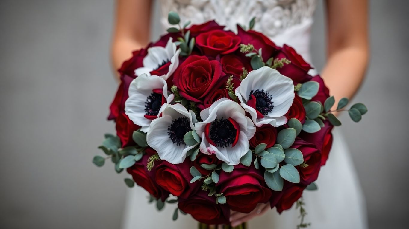 Bride holding a winter floral bouquet with red roses.
