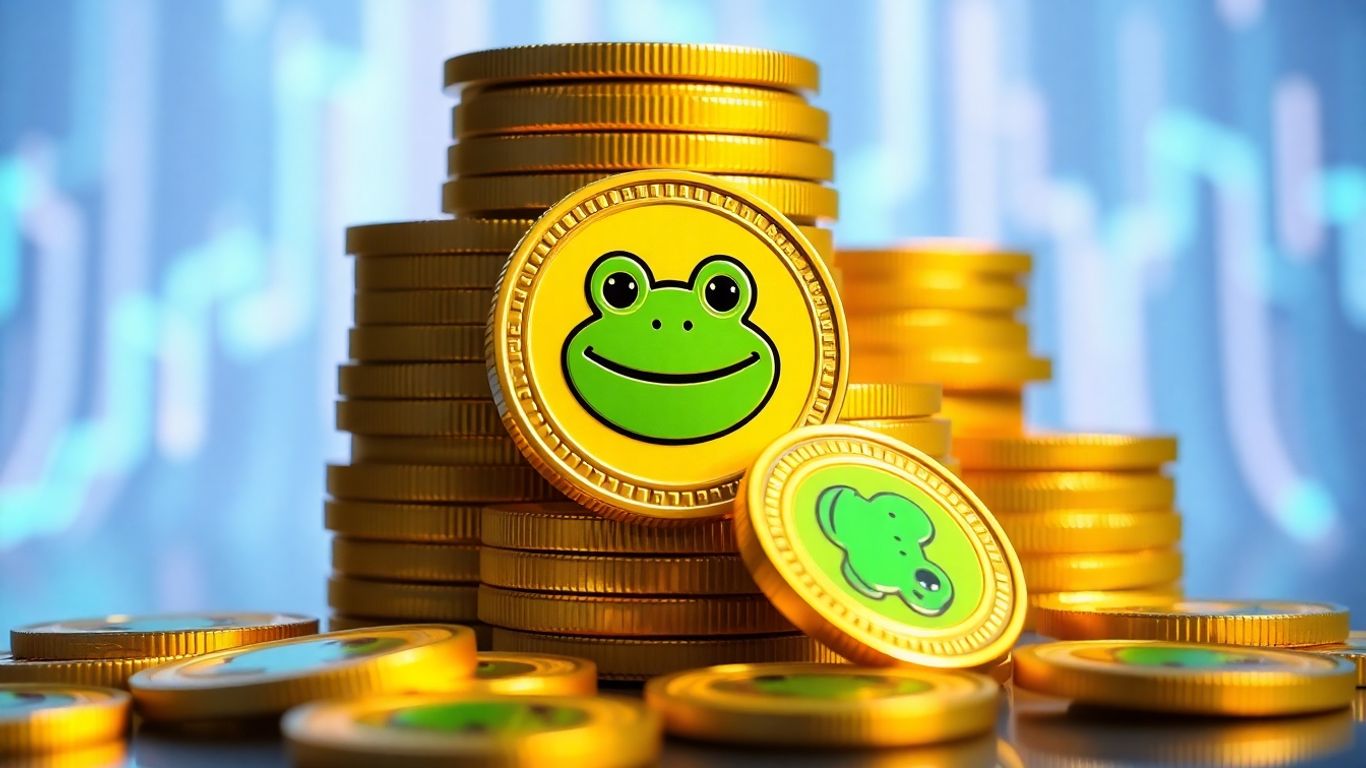 Green cartoon frog on gold coins, digital backdrop