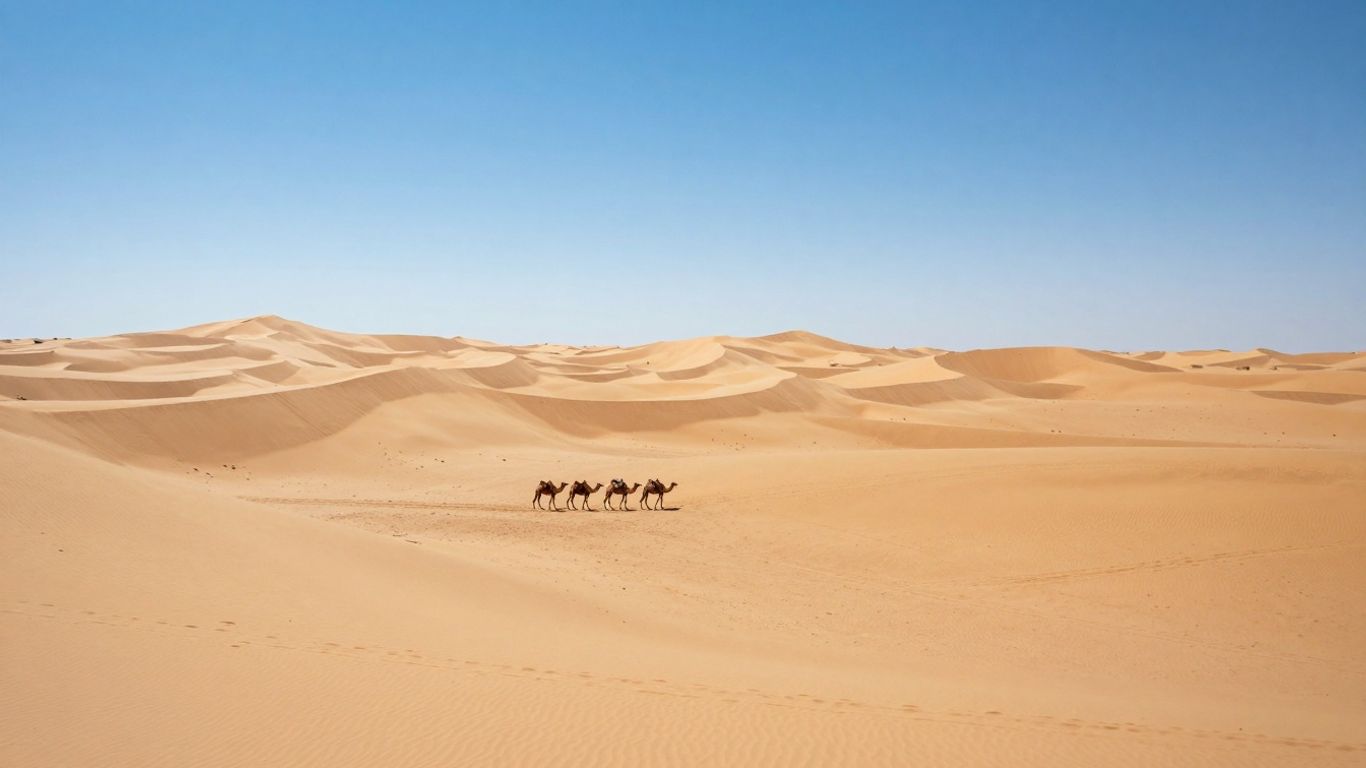 Cămile pe dune de nisip în deșert la apus.