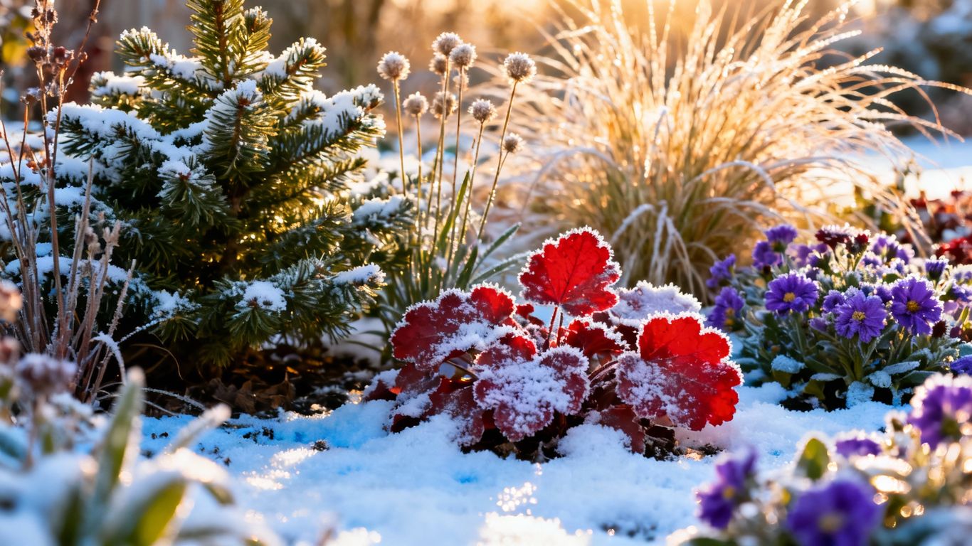 Winter garden with colorful perennial plants and snow.
