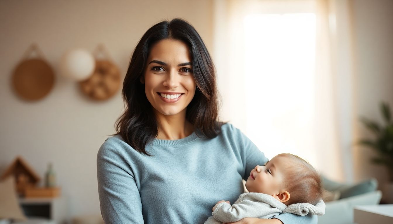 Mother holding child, peaceful and self-aware.