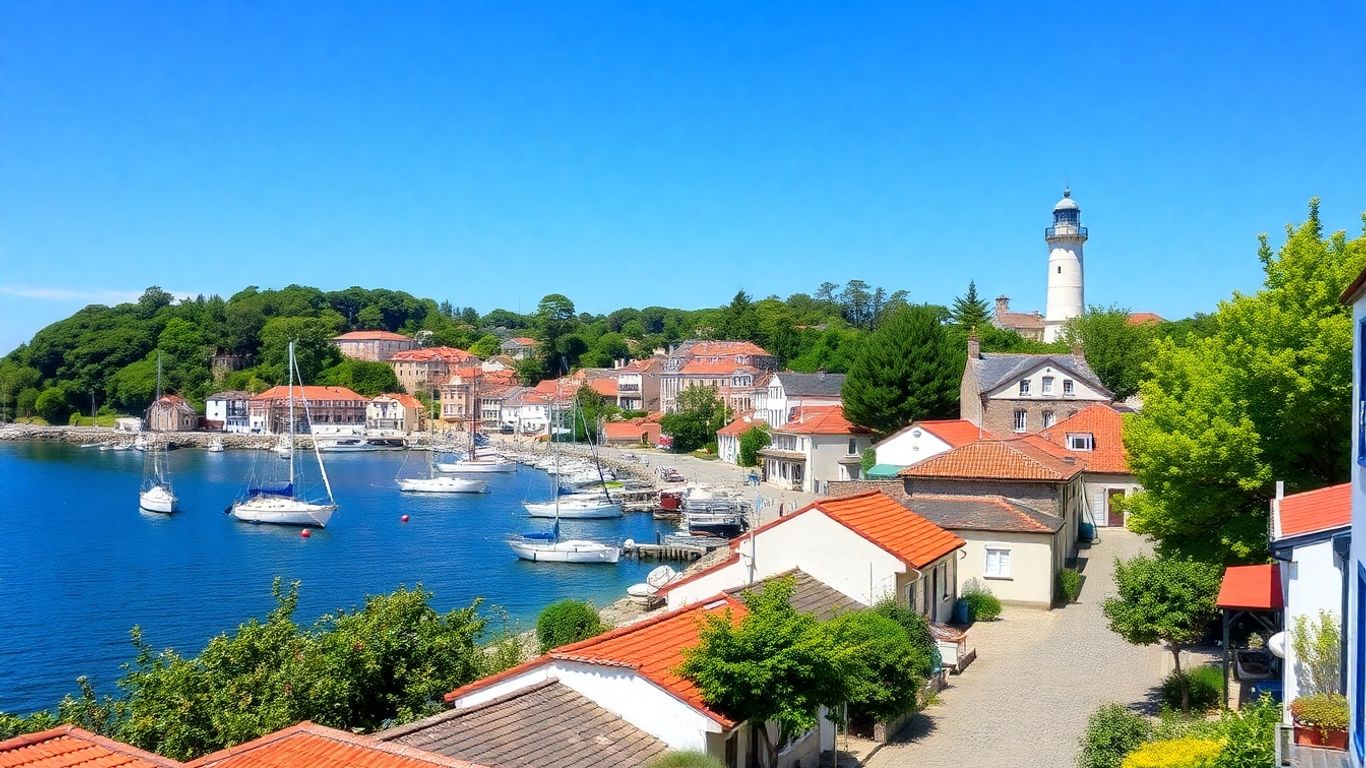 Charming historic coastal town with colonial architecture and a lighthouse.