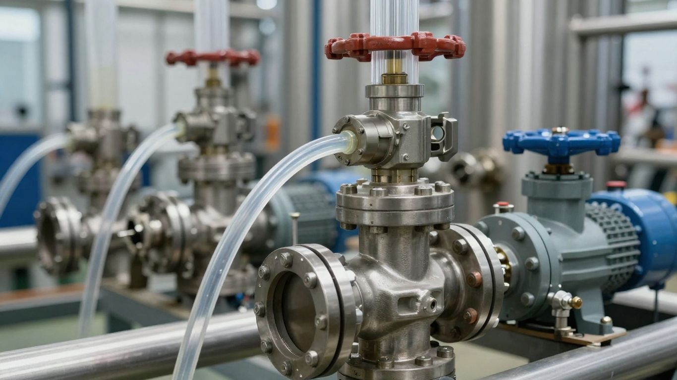 Advanced chemical feed system with pipes and pumps.