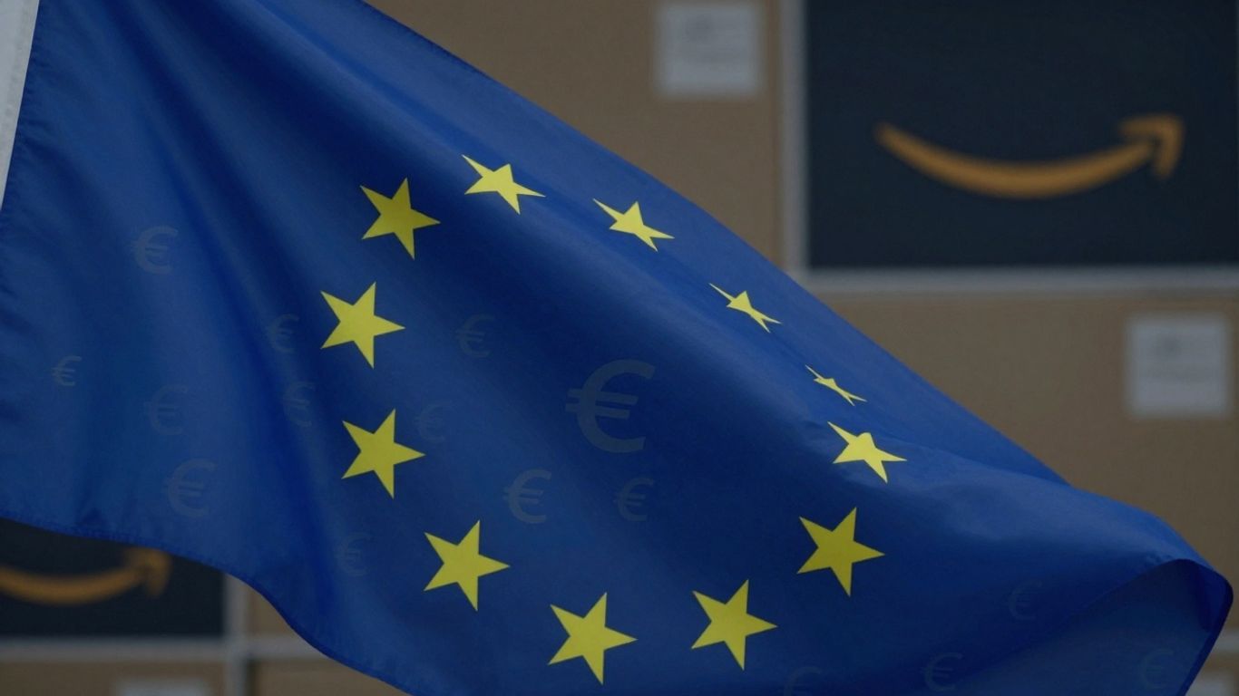 European flag with currency symbols and Amazon logo.