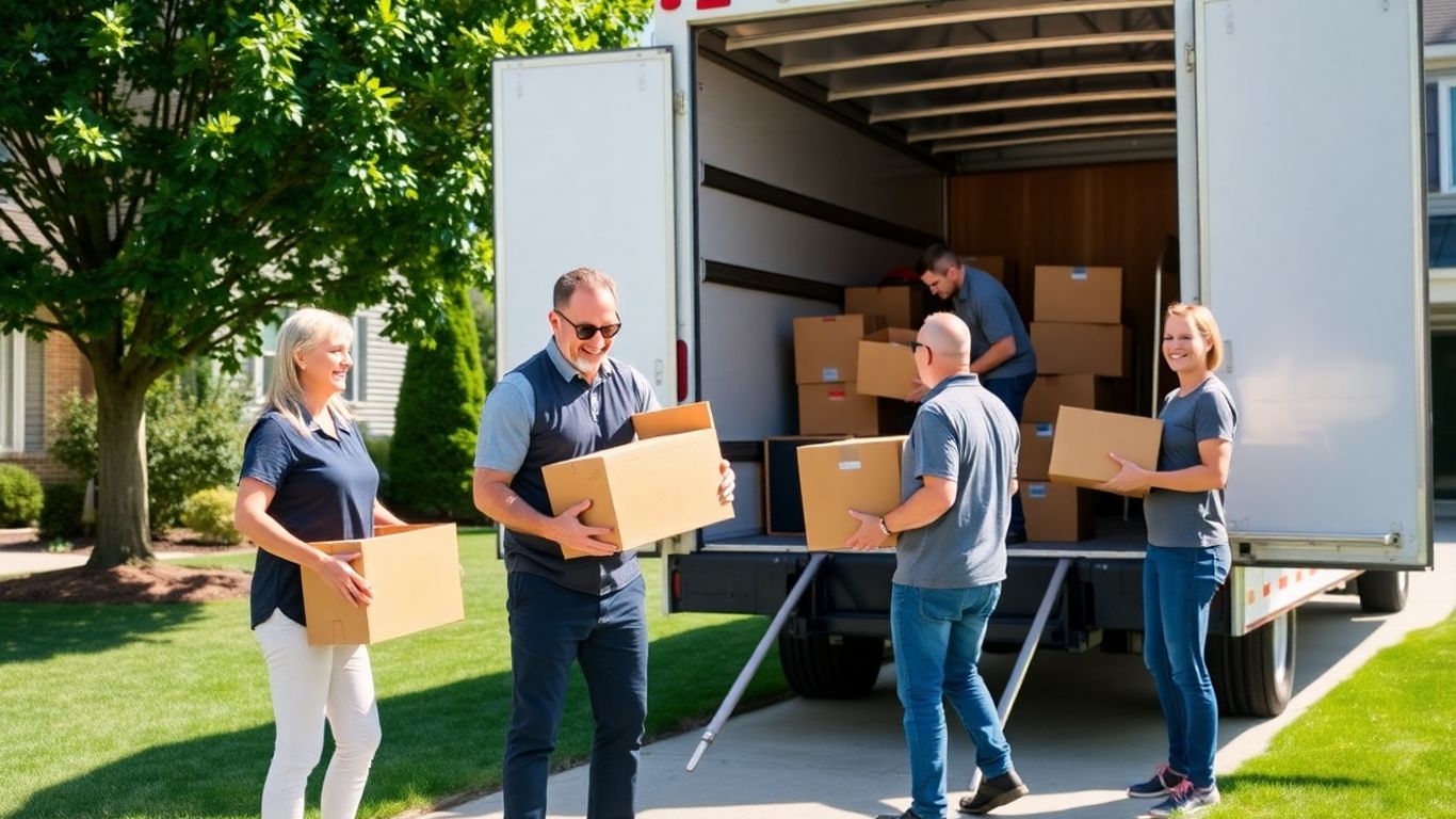Moving team loading boxes into truck in NJ suburb
