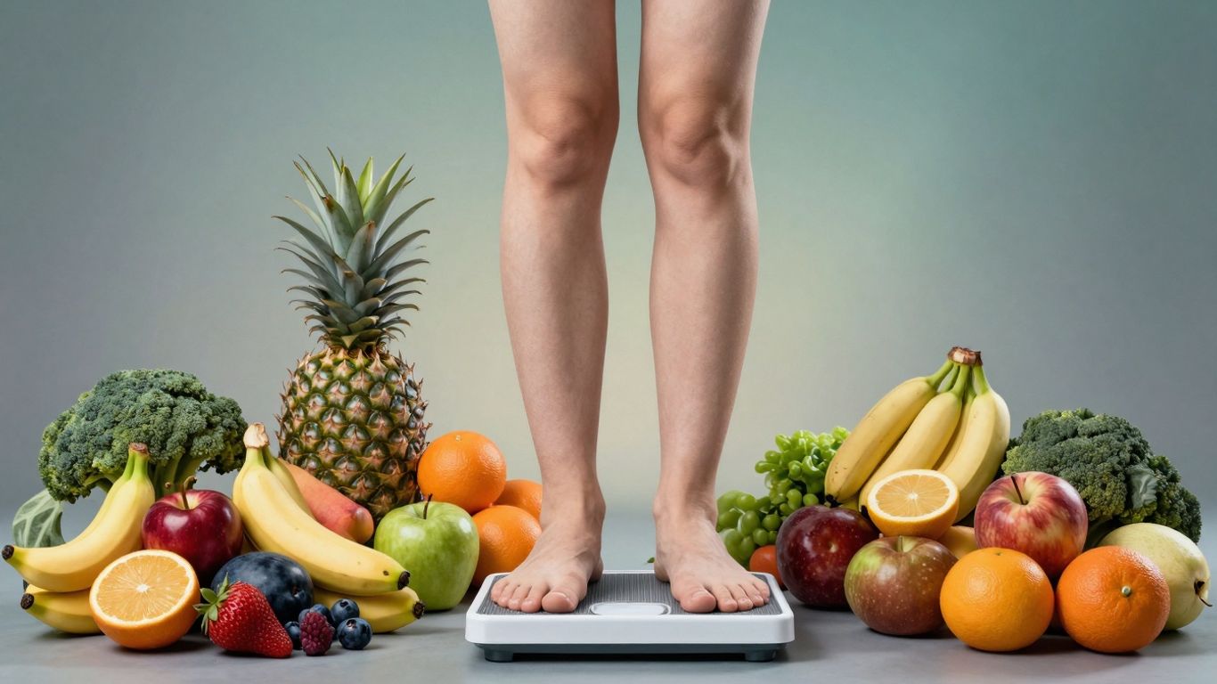 Person on scale with healthy food options.