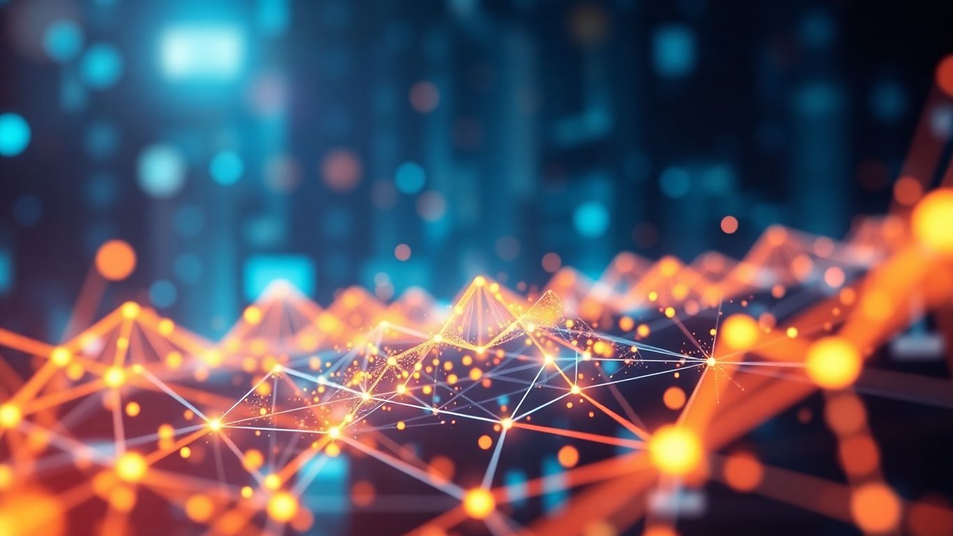 Abstract digital pathways and glowing data points.