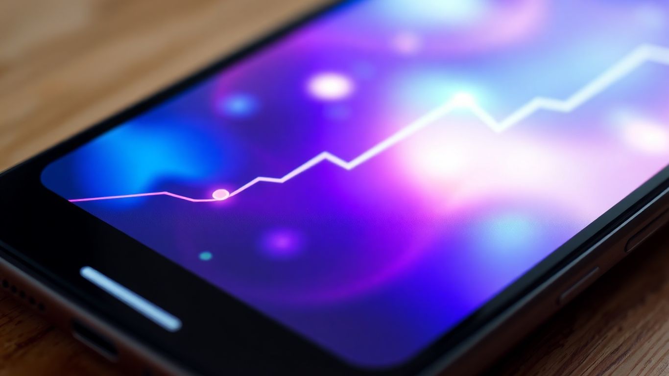 Smartphone screen with abstract financial growth visuals.
