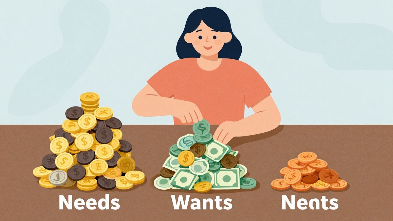 Ilustração de método financeiro 50-30-20 com moedas e notas.