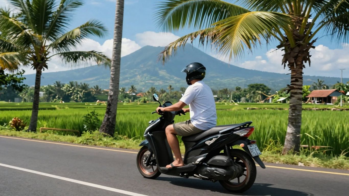 Scooter on a scenic Bali road with rice paddies.