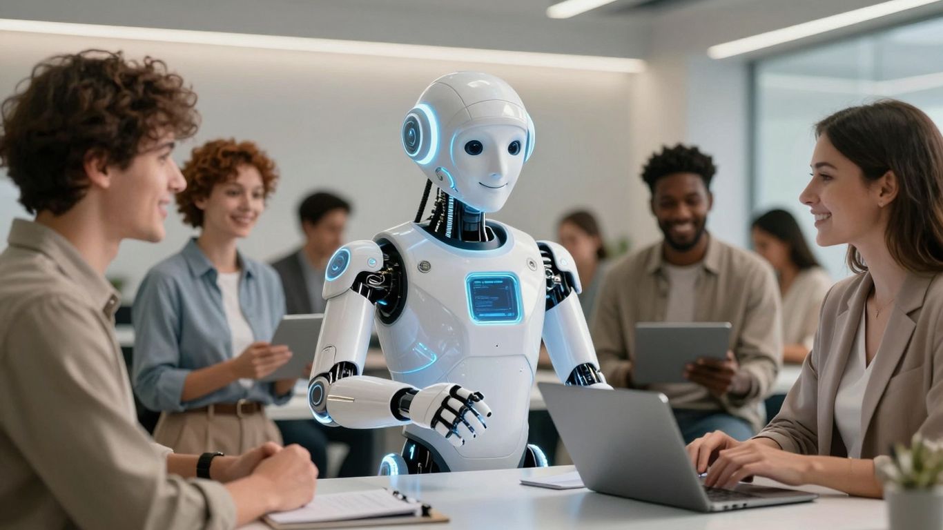 AI agent assisting happy customers with excellent service.