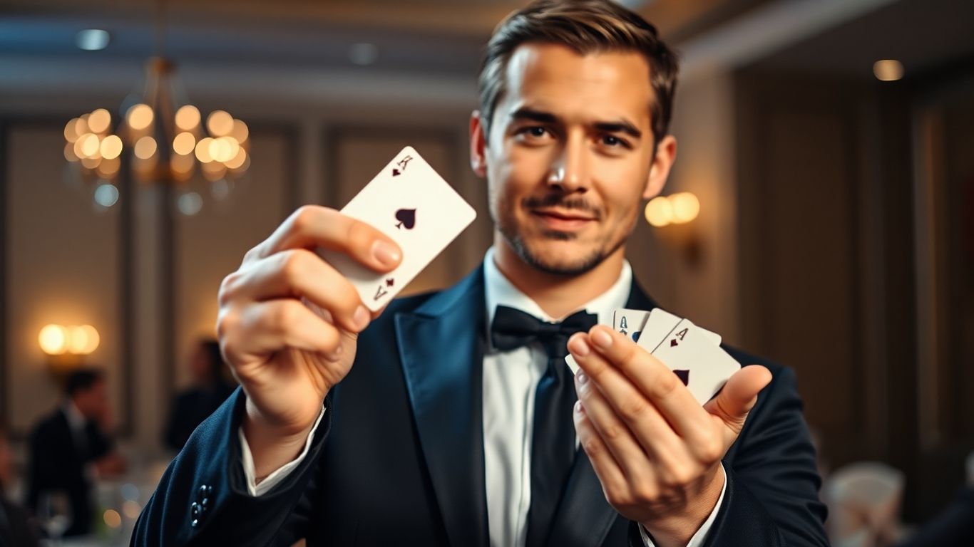 Magician performing a card trick at a corporate event.