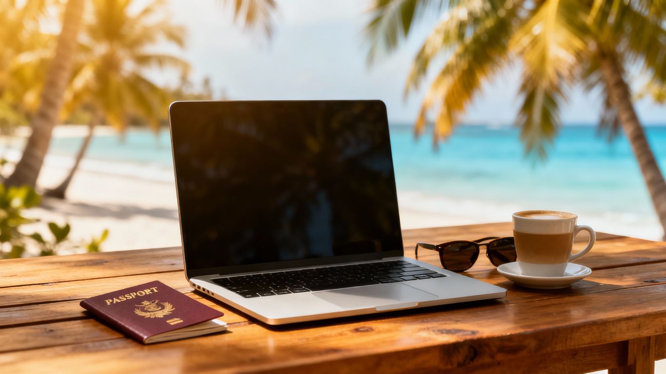 Laptop, passport, and coffee on a table.