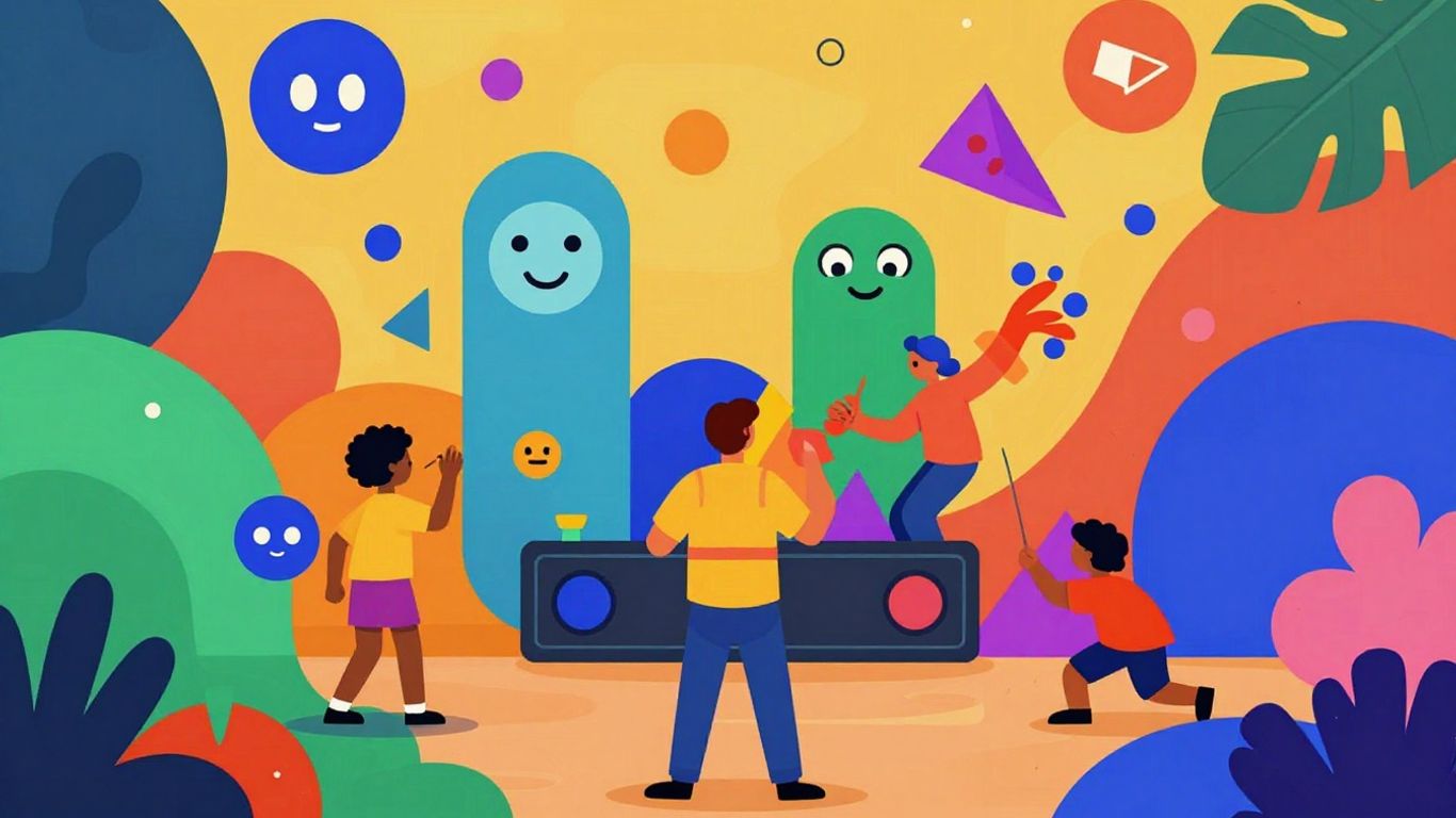 Colorful game elements and abstract shapes with playful characters.