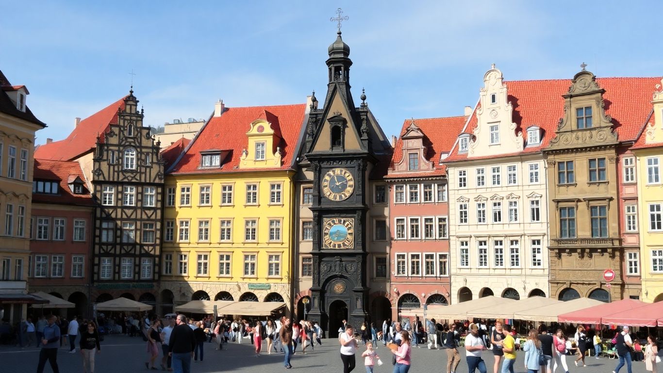 Praski Rynek Staromiejski z kolorowymi kamienicami i zegarem astronomicznym.