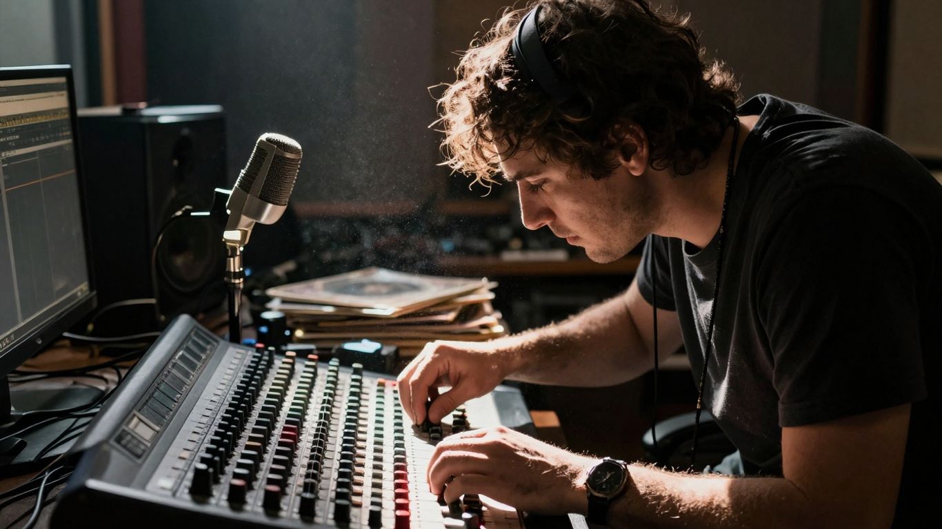 Producer in studio with mixing board and microphone.