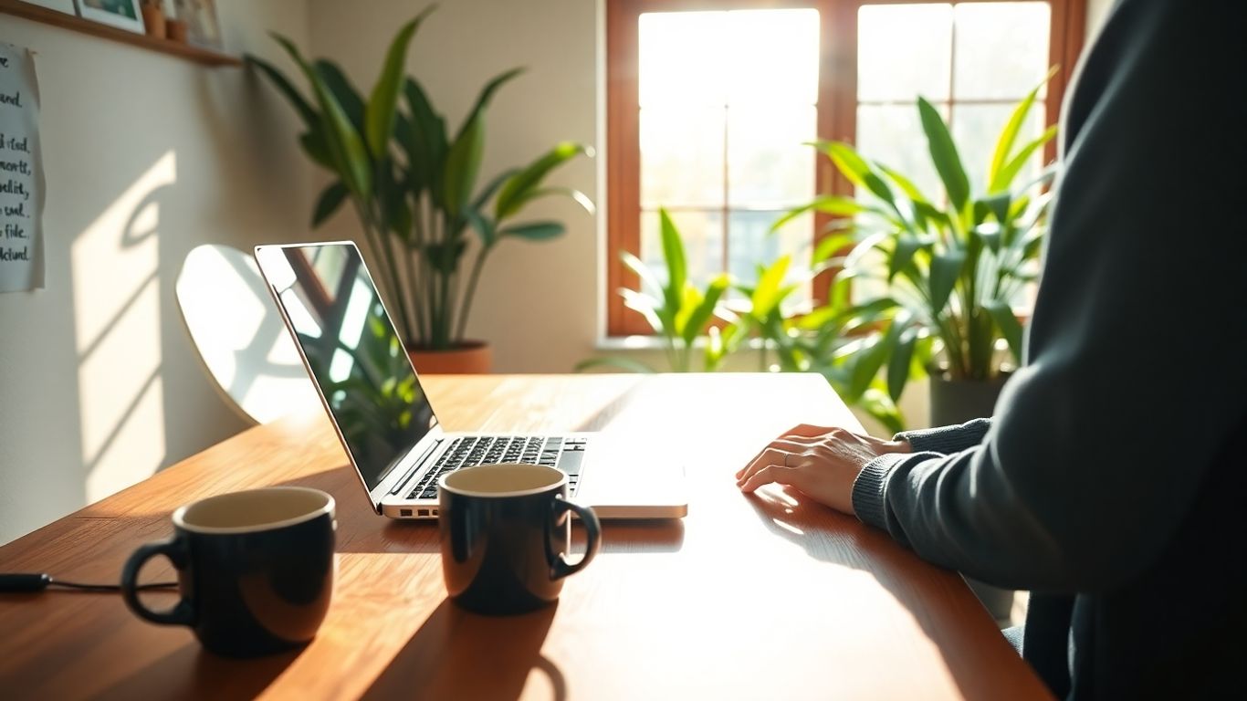 Person typing on laptop in sunny home office