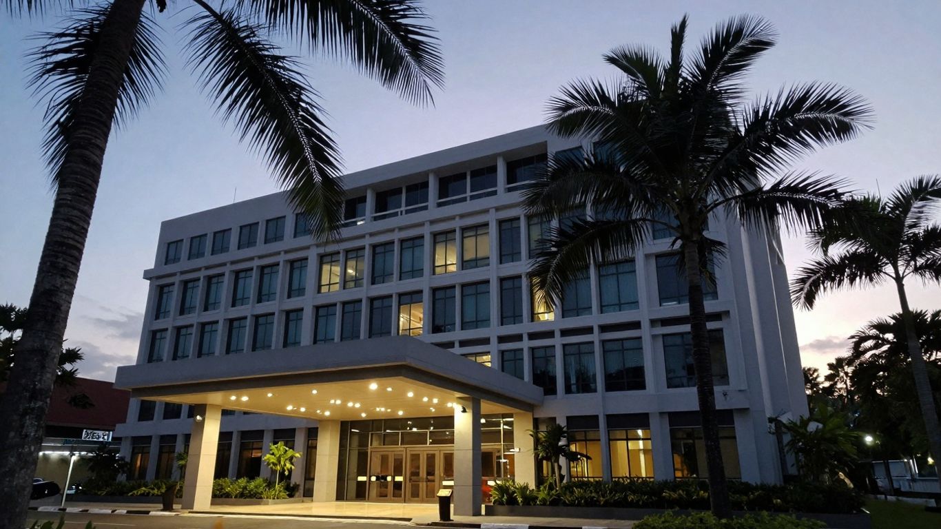 Bali business security, modern building, palm trees, dusk