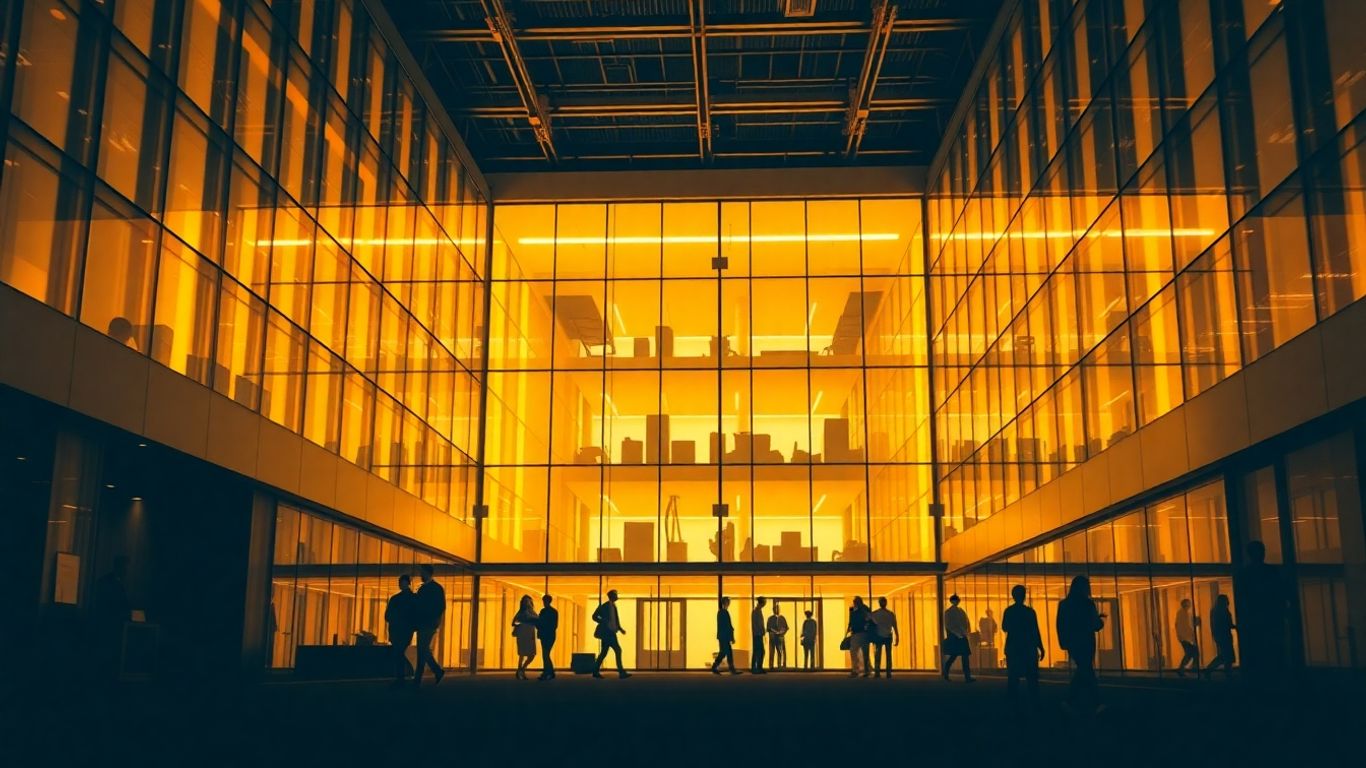 Modern building with efficient lighting and productive people.