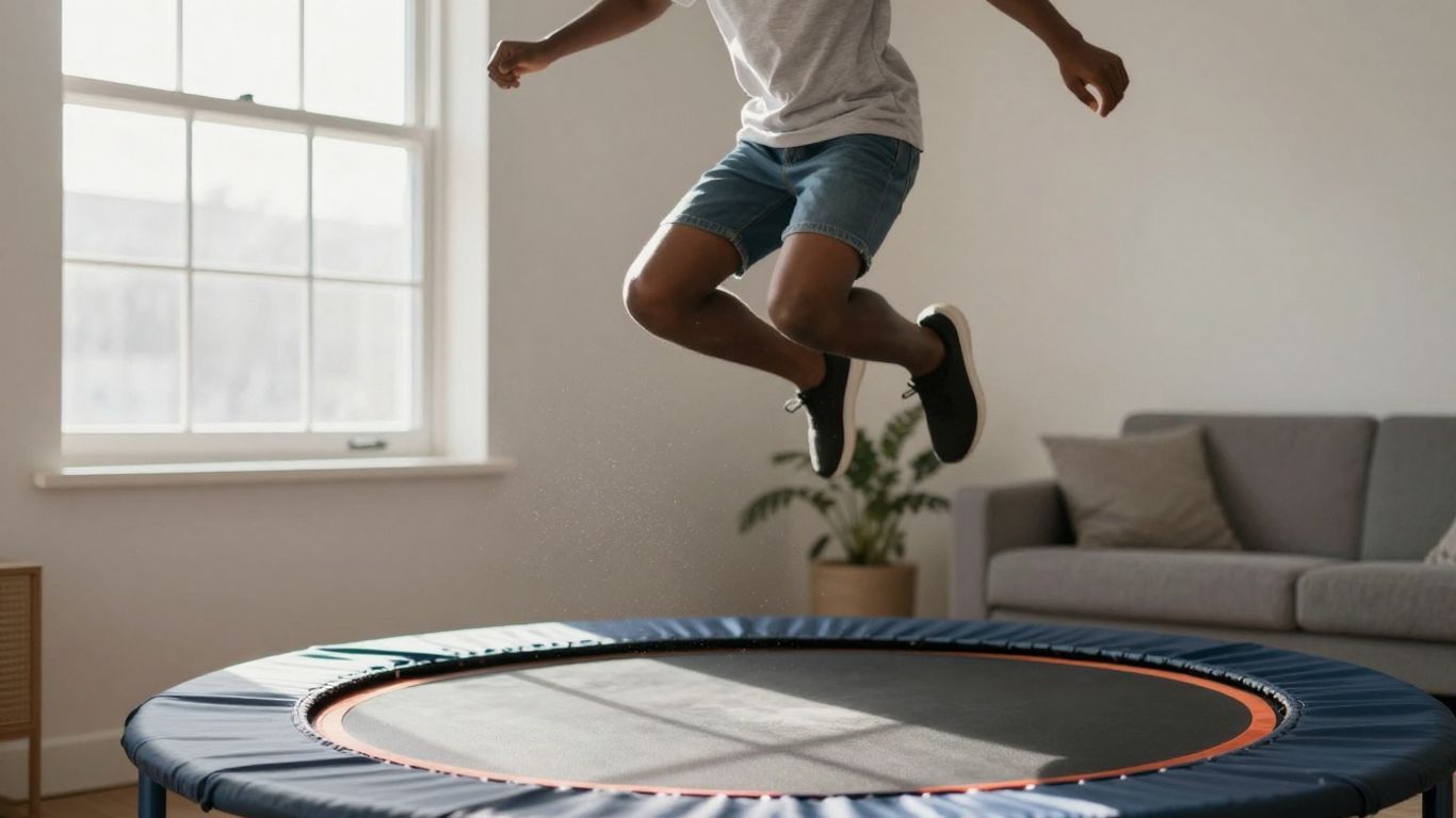 Person jumping on a mini trampoline indoors.