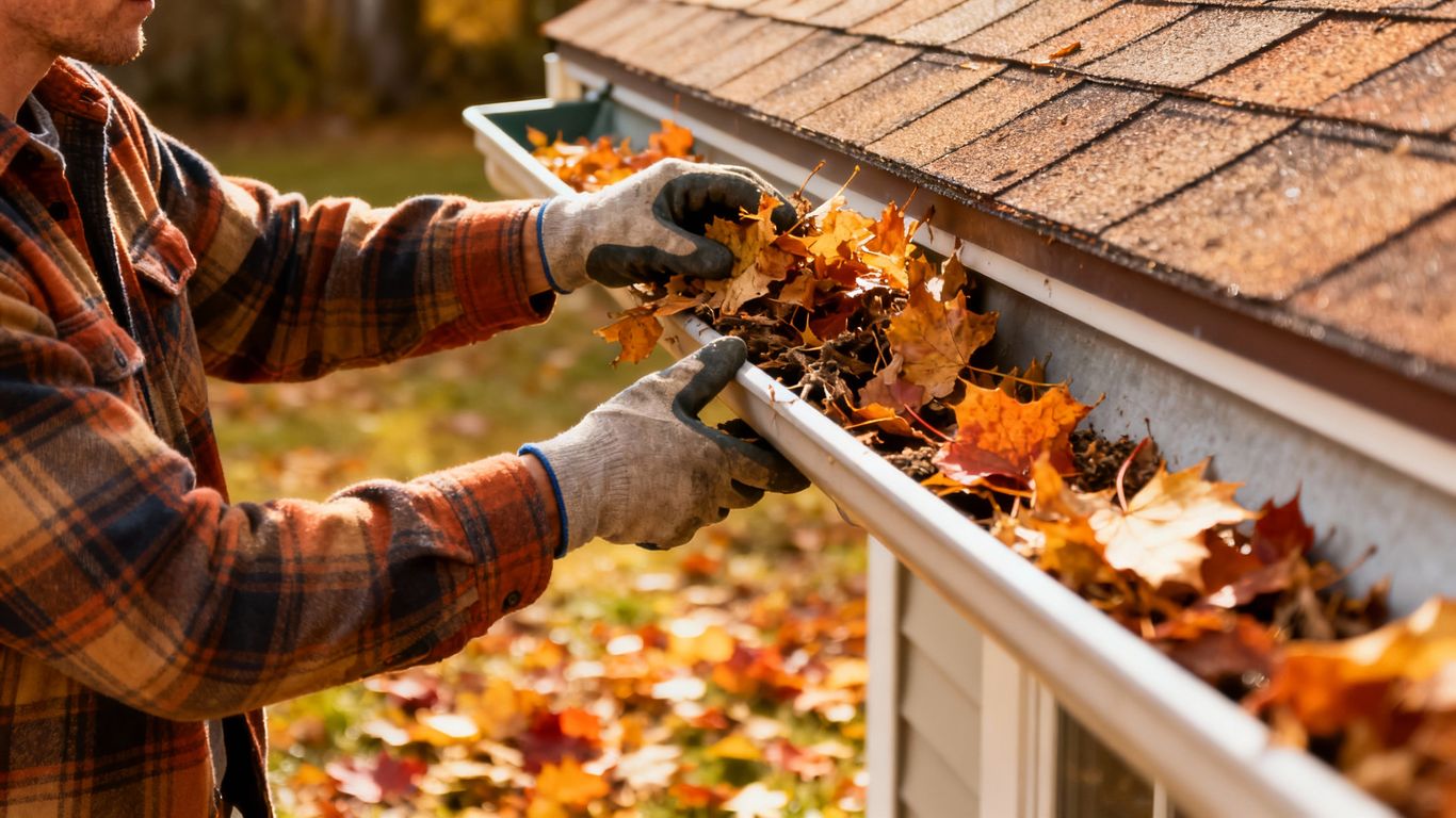 Homeowner cleaning fall leaves from a rain gutter.