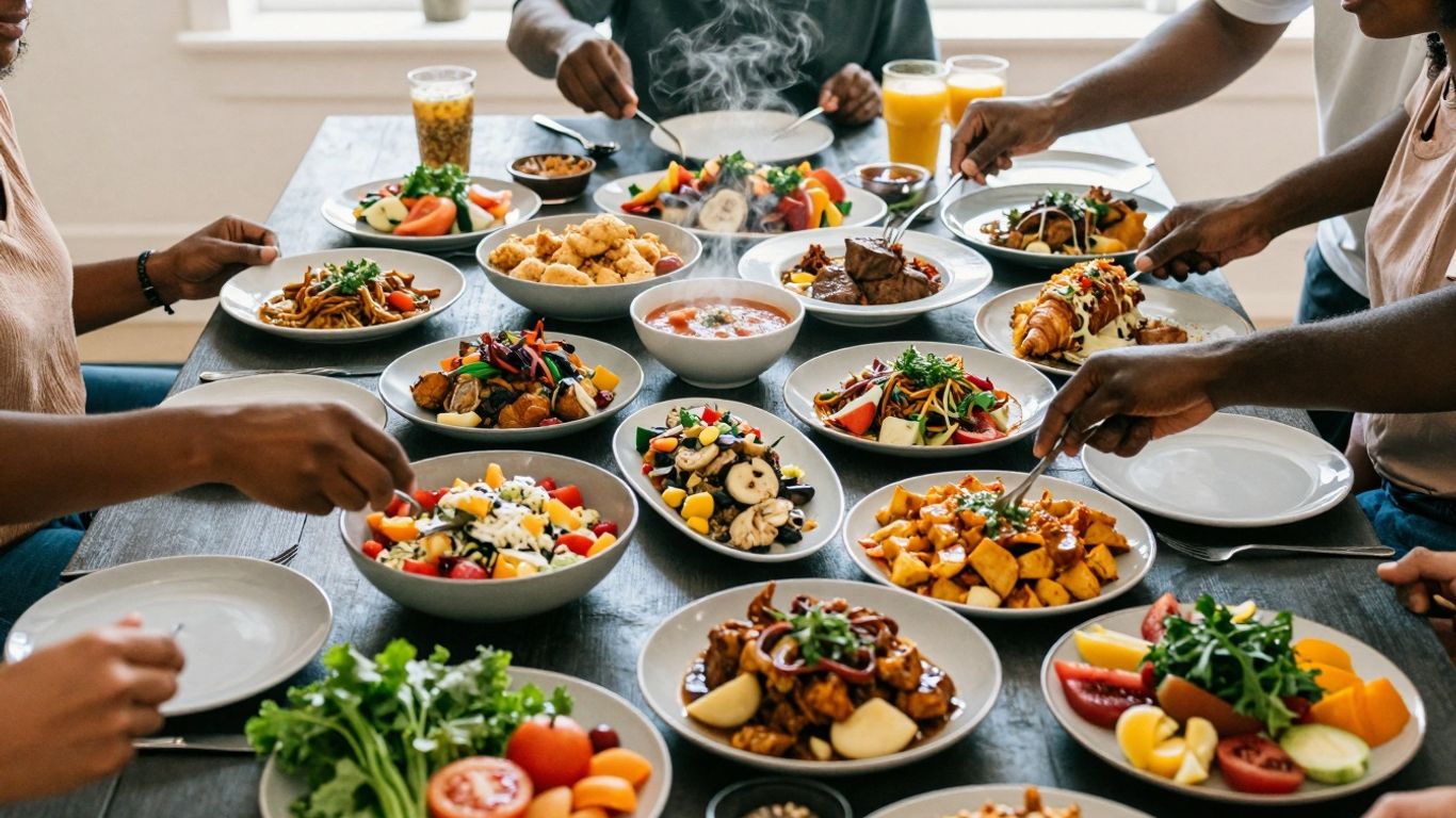 Oameni savurând mâncare diversă de pe tot globul.