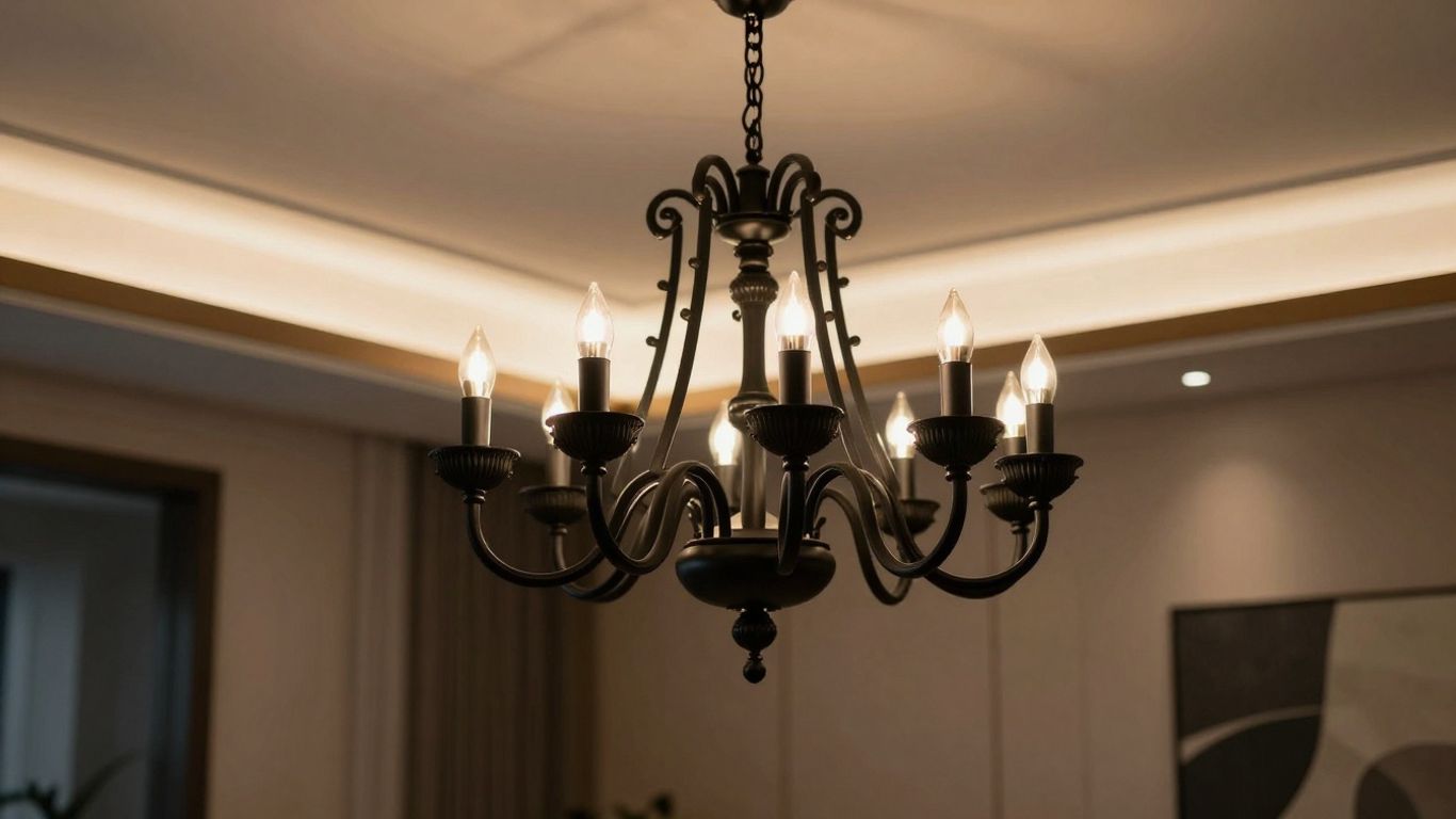 Elegant black chandelier in a modern living room.