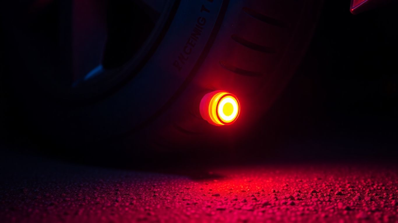 Glowing tire cap on a car wheel at night.