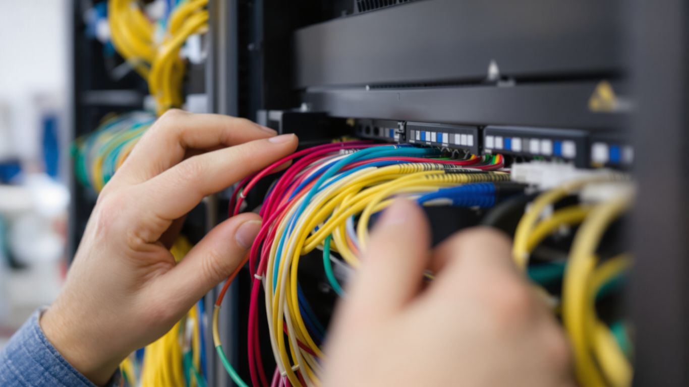 Technician connecting colorful network cables in a patch panel.