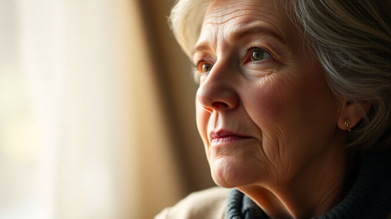 Mulher pensativa recebendo pensão de viuvez