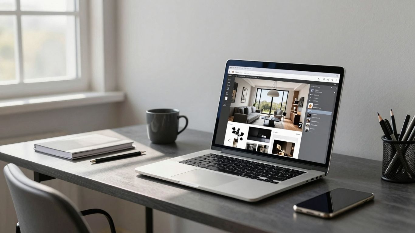 Home office with laptop showing interior design project.