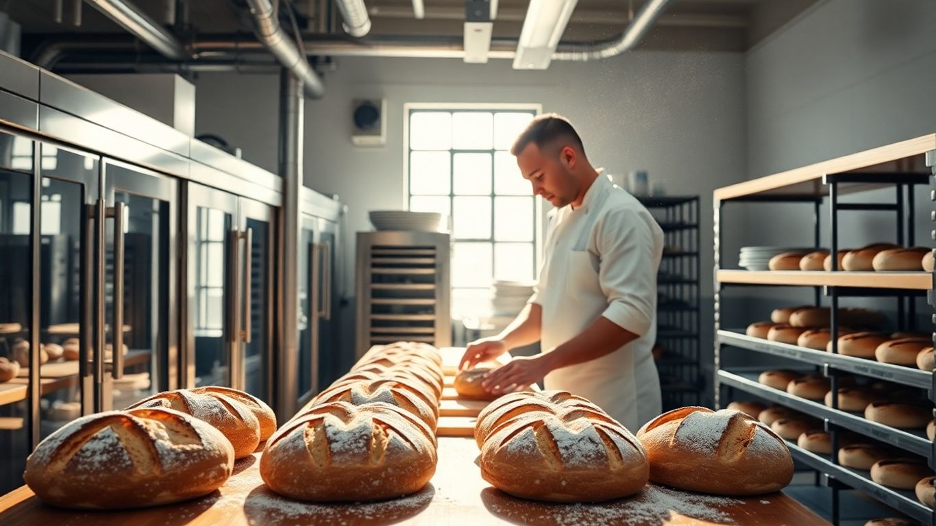Moderne Bäckerei mit Ausrüstung und Bäcker, der Brot arrangiert.
