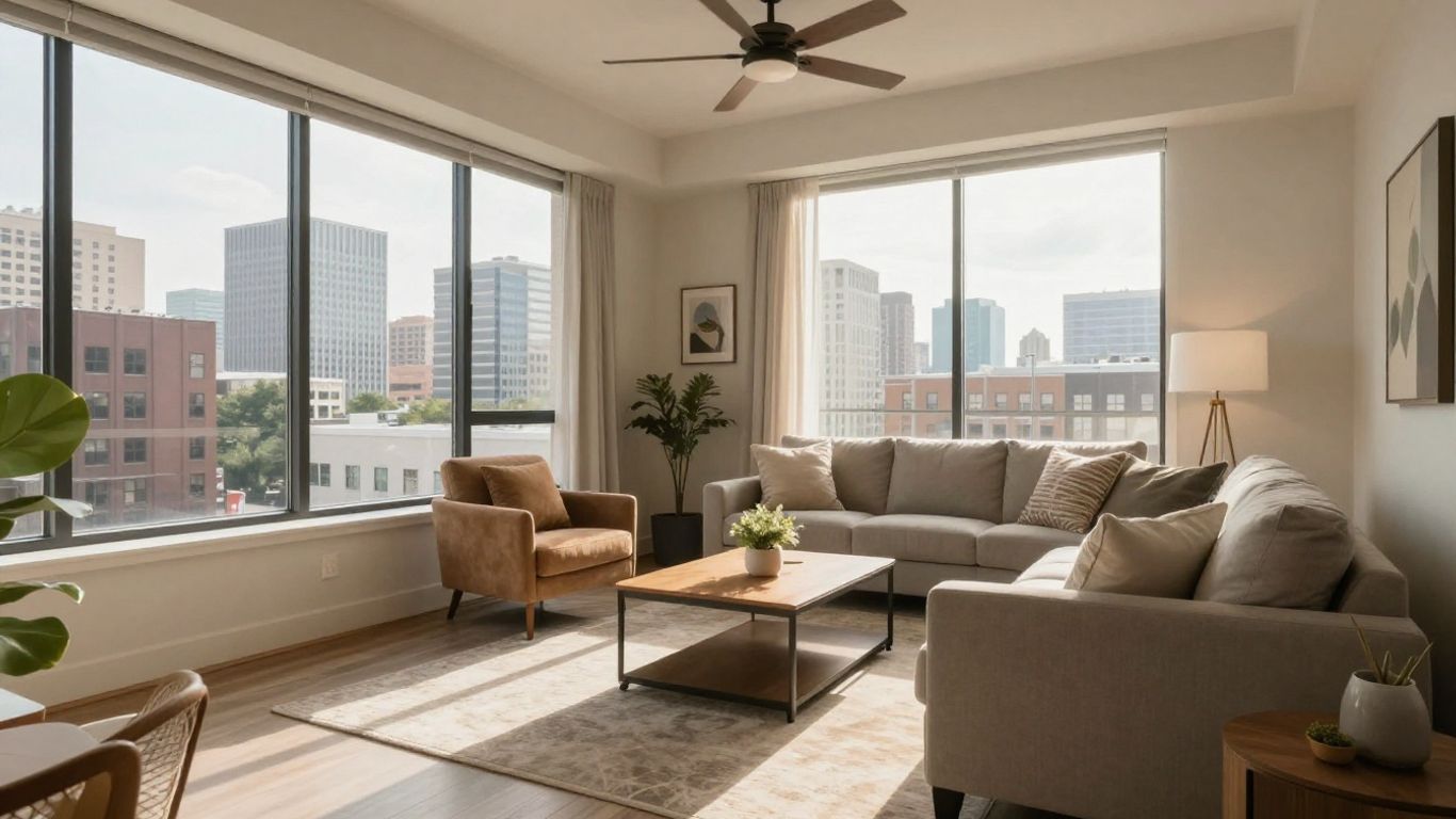 Stylish Houston Airbnb interior with city views.