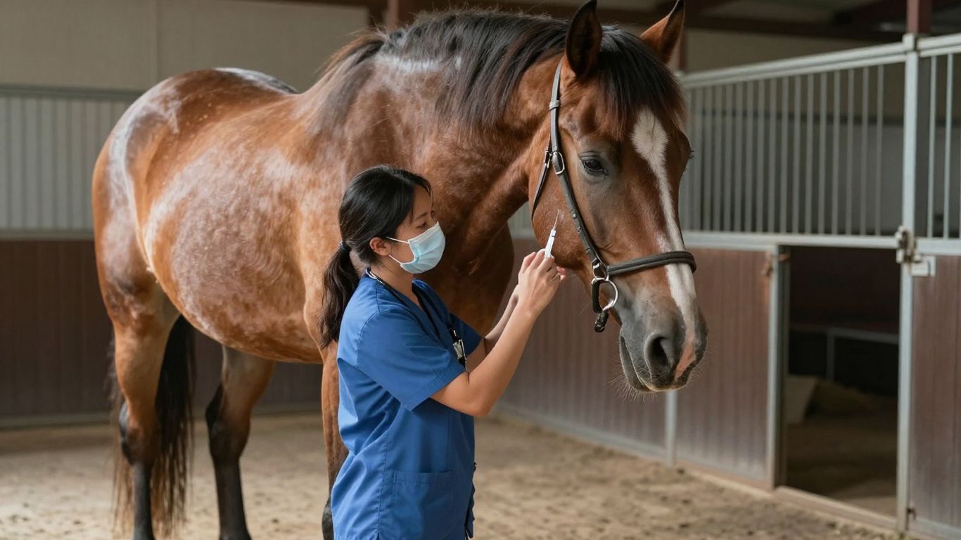 Veterinarian gives injection to a horse.