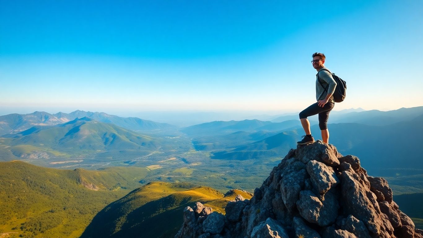 Person climbing mountain peak towards success.