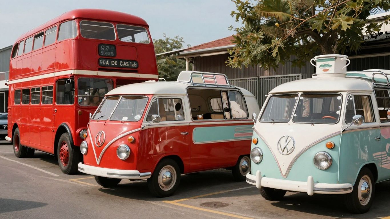 Collection of vintage mobile catering vans for sale.